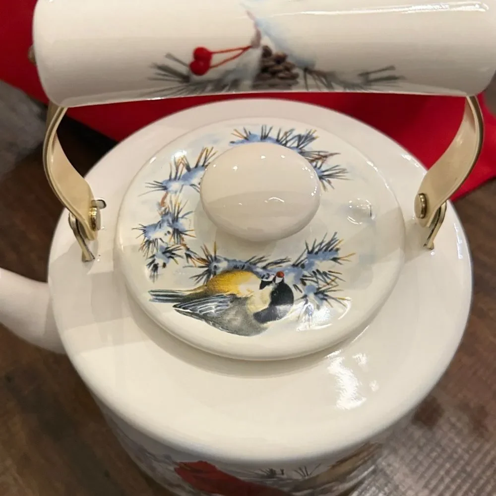 Vintage Lenox winter greetings, enamelware tea pot with a cardinal and chickadee